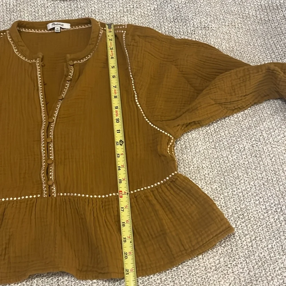 Madewell Embroidered Lightspun Long Puff Sleeves Covered Buttons Boho Top XS